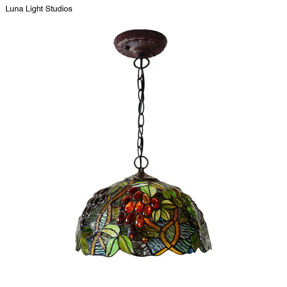 Tiffany Stained Glass Chandelier - 2-Light Domed Ceiling Pendant In Red/Green/Purple