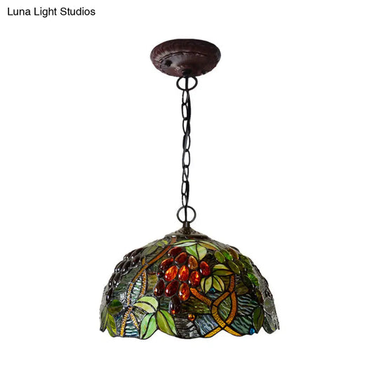 Tiffany Stained Glass Chandelier - 2-Light Domed Ceiling Pendant In Red/Green/Purple