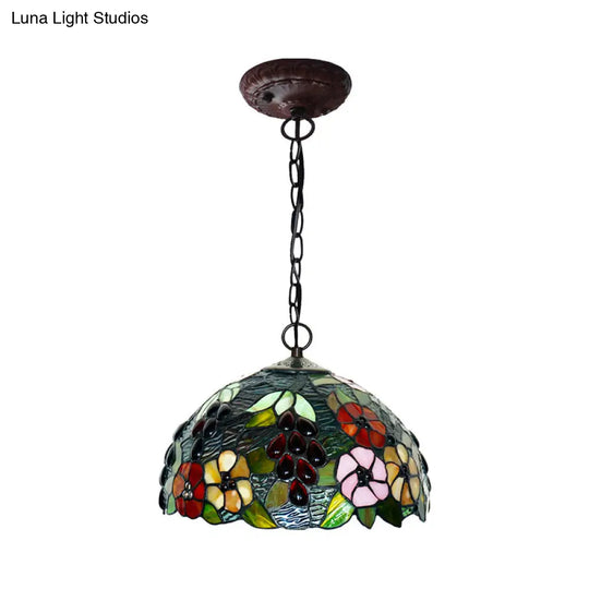 2-Light Domed Ceiling Chandelier With Stained Glass Tiffany Pendant Lighting In Red Green And Purple