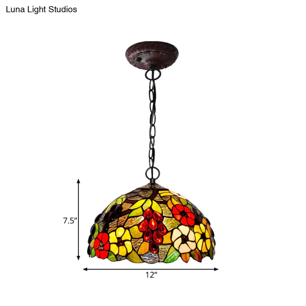 2-Light Domed Ceiling Chandelier With Stained Glass Tiffany Pendant Lighting In Red Green And Purple