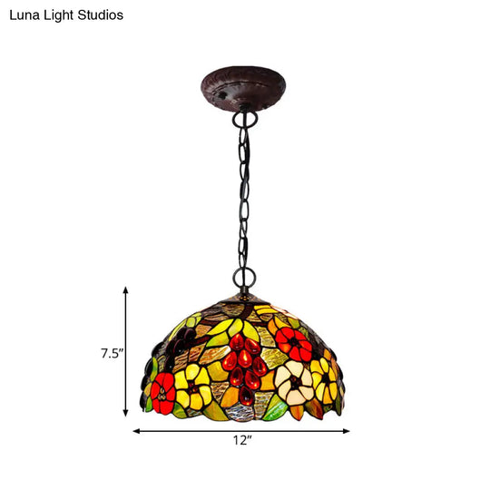 2-Light Domed Ceiling Chandelier With Stained Glass Tiffany Pendant Lighting In Red Green And Purple