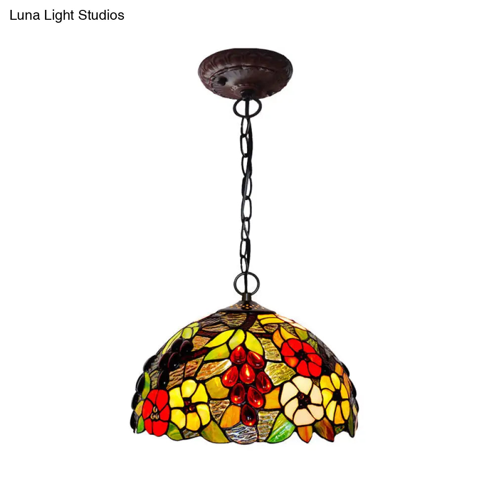 2-Light Domed Ceiling Chandelier With Stained Glass Tiffany Pendant Lighting In Red Green And Purple