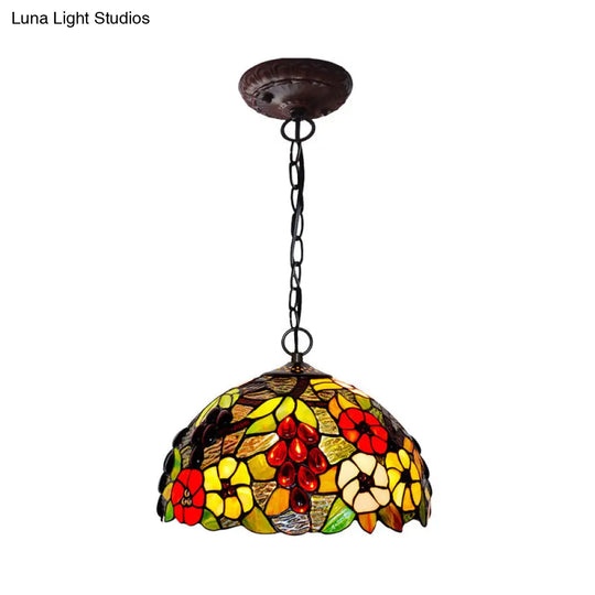 2-Light Domed Ceiling Chandelier With Stained Glass Tiffany Pendant Lighting In Red Green And Purple