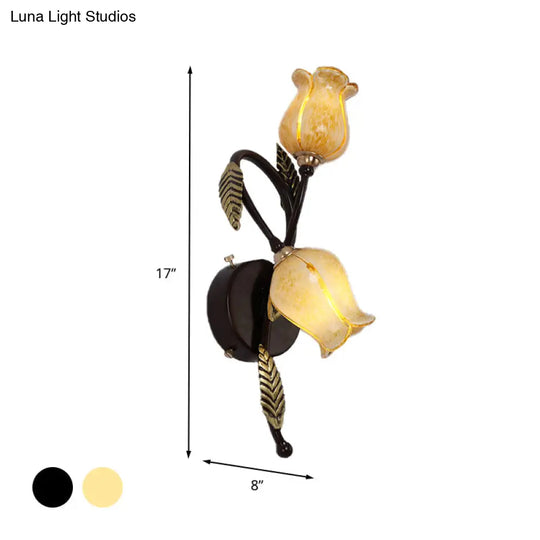 2-Light Dual-Tone Glass Wall Sconce - Traditional Gold/Black Blossom Bedroom Lighting Fixture