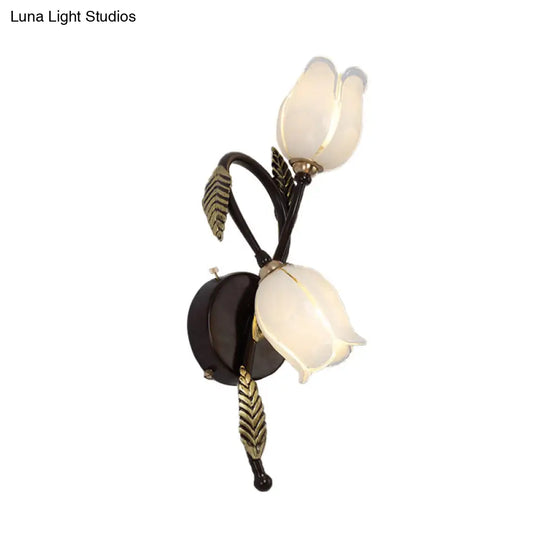 2-Light Dual-Tone Glass Wall Sconce - Traditional Gold/Black Blossom Bedroom Lighting Fixture