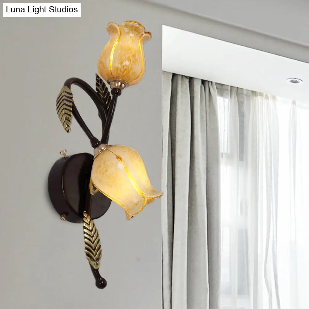 2-Light Dual-Tone Glass Wall Sconce - Traditional Gold/Black Blossom Bedroom Lighting Fixture