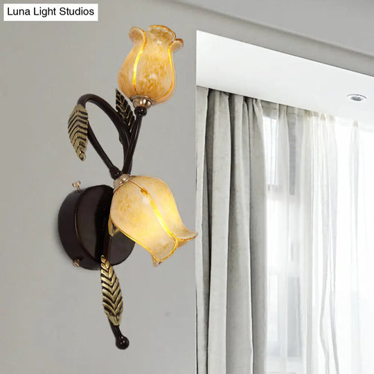 2-Light Dual-Tone Glass Wall Sconce - Traditional Gold/Black Blossom Bedroom Lighting Fixture