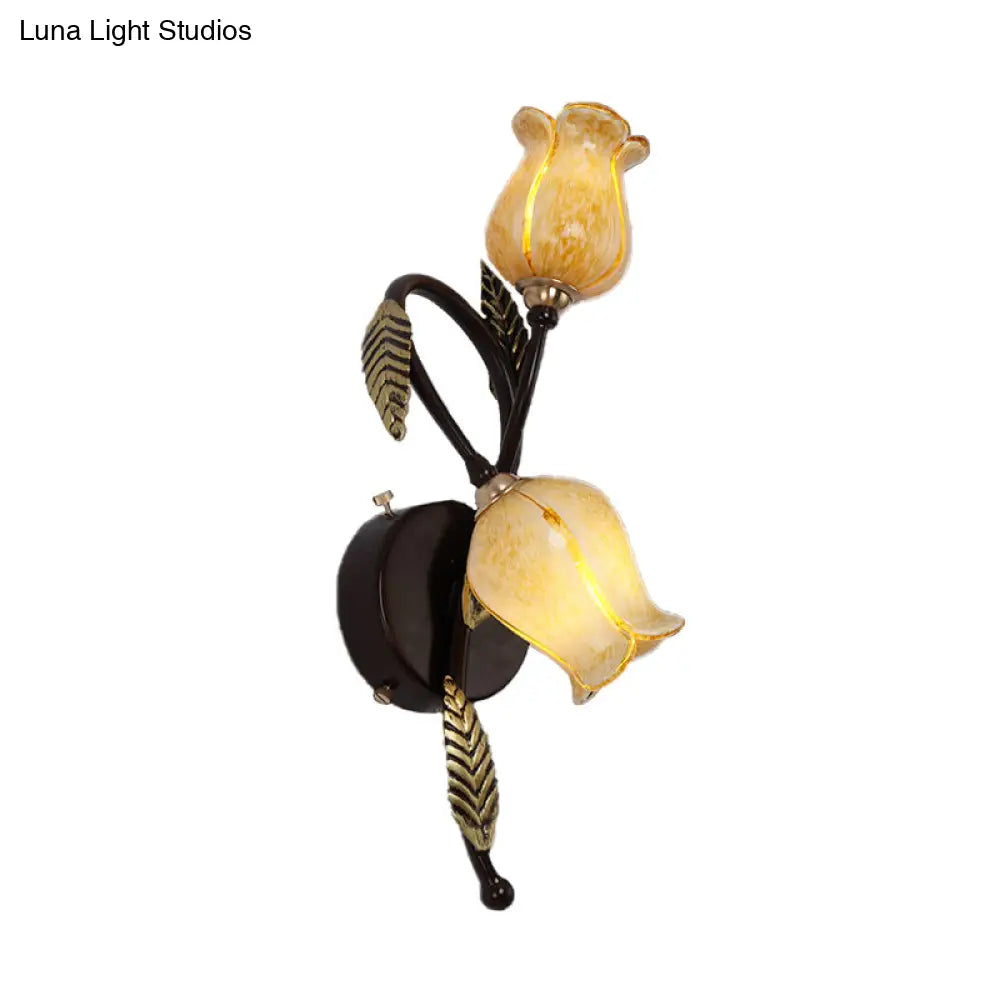 2-Light Dual-Tone Glass Wall Sconce - Traditional Gold/Black Blossom Bedroom Lighting Fixture