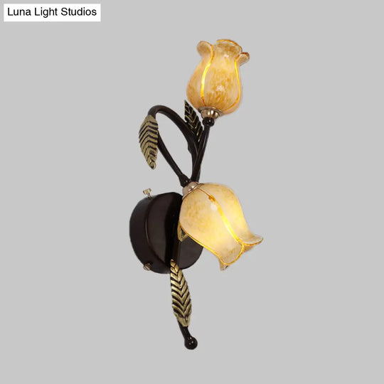 2-Light Dual-Tone Glass Wall Sconce - Traditional Gold/Black Blossom Bedroom Lighting Fixture