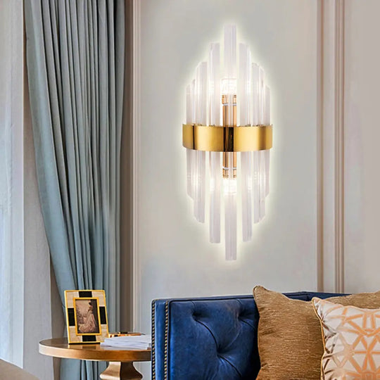 2-Light Living Room Wall Sconce: Simplicity Brass Mount With Crystal Shade