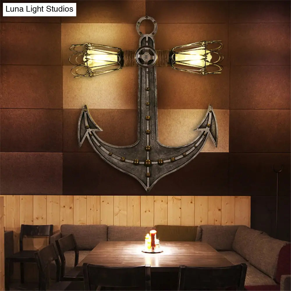 2-Light Nautical Industrial Wall Lamp: Anchor Design Wrought Iron Sconce Lighting For Restaurants