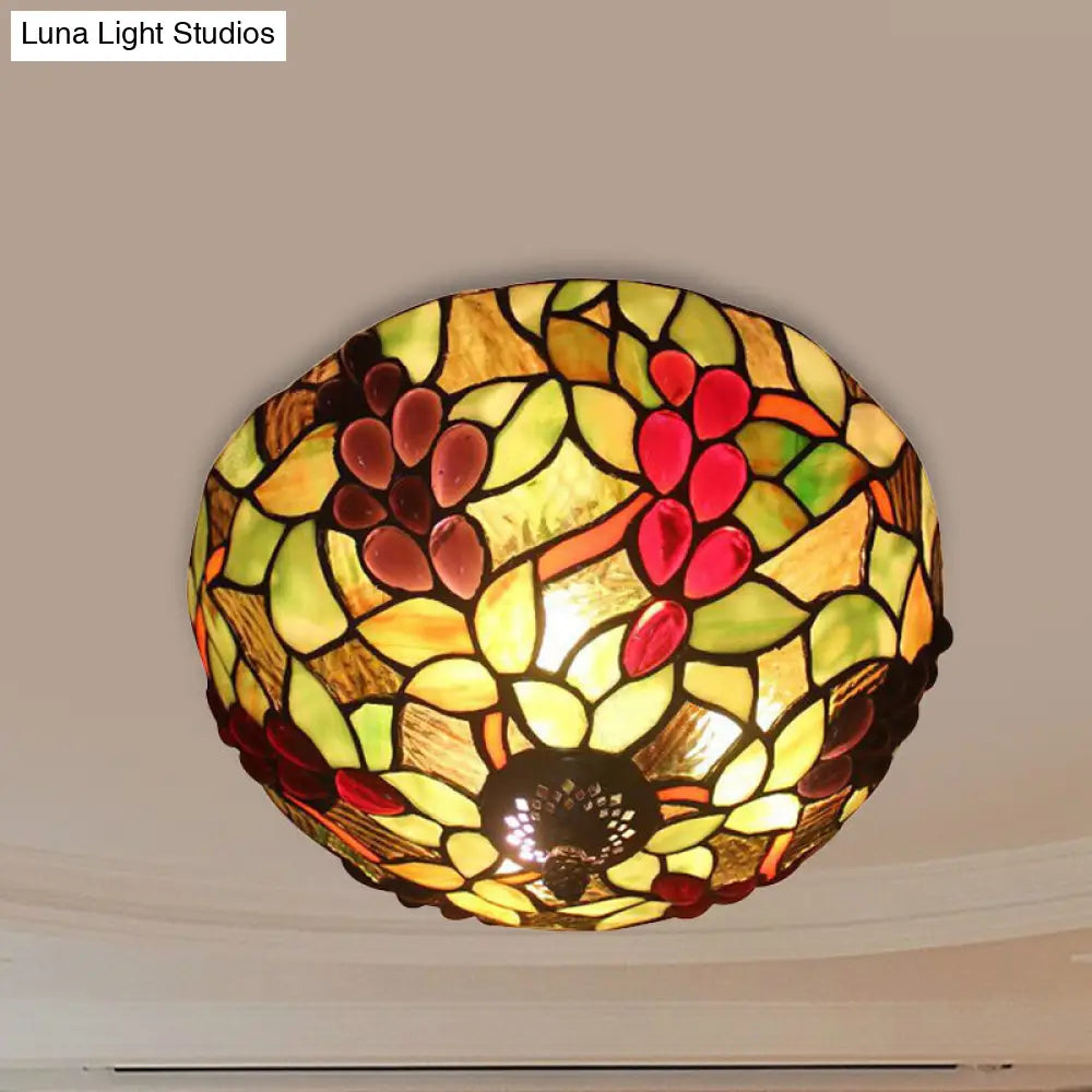 Stained Glass Grapes Ceiling Light - Lodge 2-Light Flushmount With Bowl Shade Bedroom Lighting Green