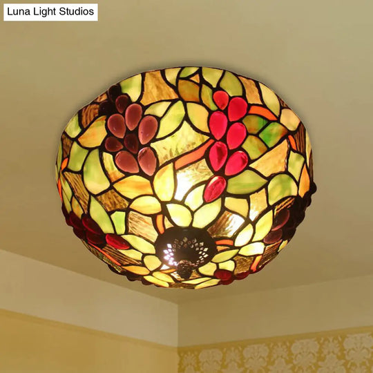 Stained Glass Grapes Ceiling Light - Lodge 2-Light Flushmount With Bowl Shade Bedroom Lighting