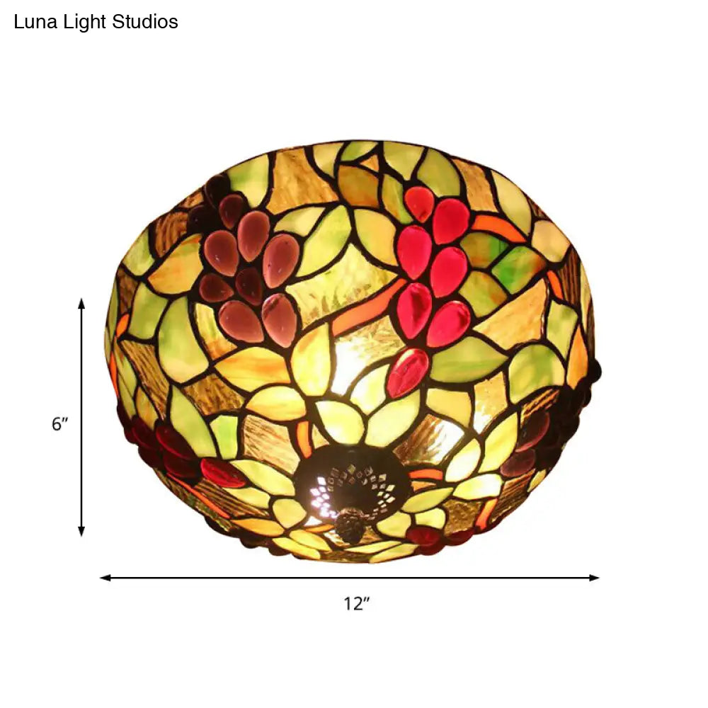 Stained Glass Grapes Ceiling Light - Lodge 2-Light Flushmount With Bowl Shade Bedroom Lighting