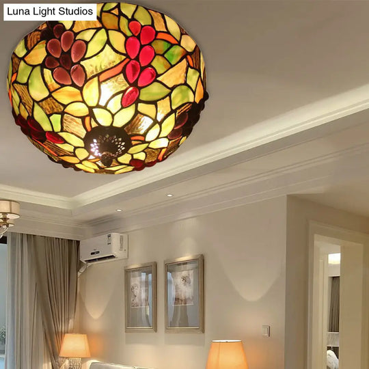 Stained Glass Grapes Ceiling Light - Lodge 2-Light Flushmount With Bowl Shade Bedroom Lighting