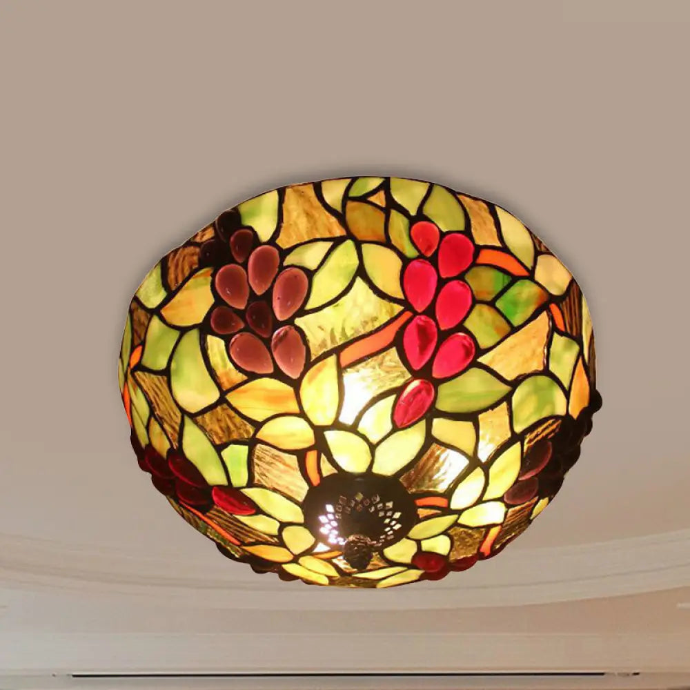 2 - Light Stained Glass Grape Ceiling Flushmount For Bedroom Lighting In Lodge Style Green
