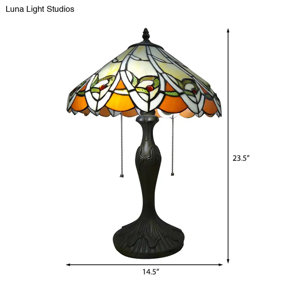 2-Light Tiffany Antique Stained Glass Desk Lamp In Beige Conical Reading Light For Living Room