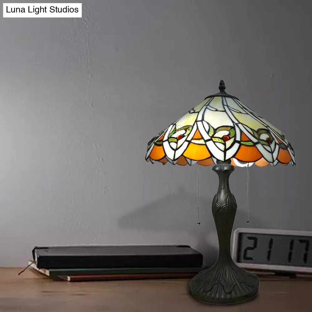 2-Light Tiffany Antique Stained Glass Desk Lamp In Beige Conical Reading Light For Living Room