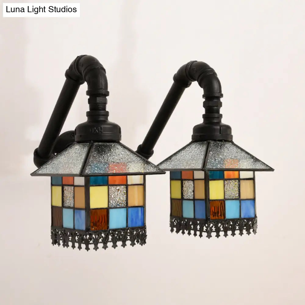 2-Light Tiffany Loft Style Stained Glass Wall Sconce With Blue/Clear Accents