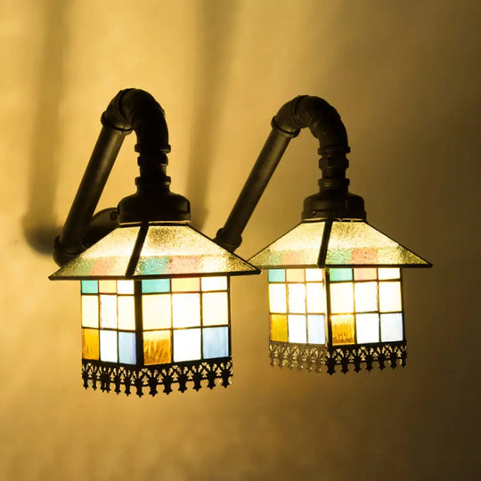 2-Light Tiffany Loft Style Stained Glass Wall Sconce With Blue/Clear Accents Clear