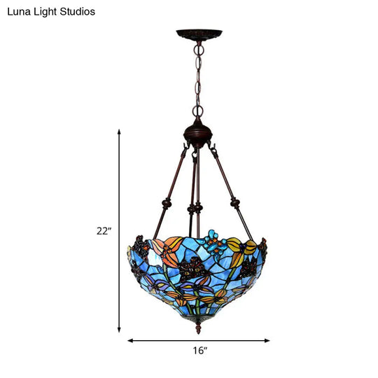 Tiffany Style 2-Light Blossom Chandelier Lamp - Red/Blue Stained Glass Suspension Lighting For