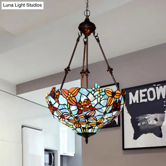 Tiffany Style 2-Light Blossom Chandelier Lamp - Red/Blue Stained Glass Suspension Lighting For