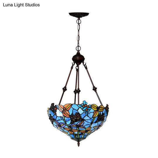 Tiffany Style 2-Light Blossom Chandelier Lamp - Red/Blue Stained Glass Suspension Lighting For