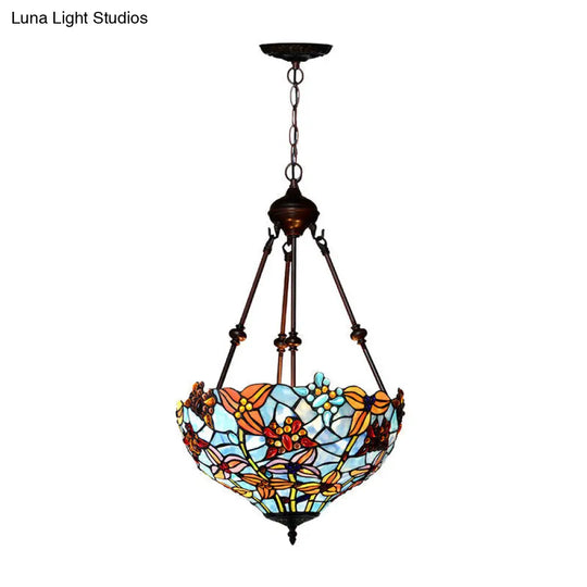 Tiffany Style 2-Light Blossom Chandelier Lamp - Red/Blue Stained Glass Suspension Lighting For