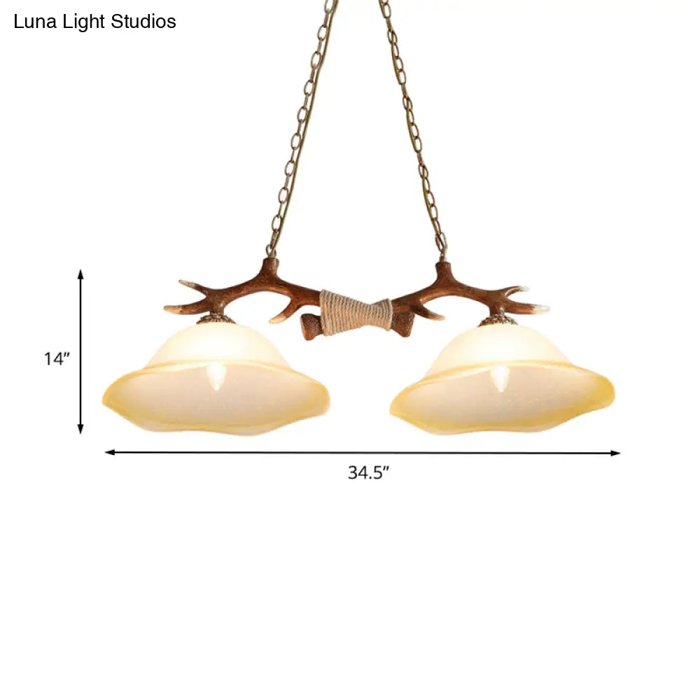 2-Light Traditional Bell Glass Island Pendant In Brown Perfect For Bedrooms