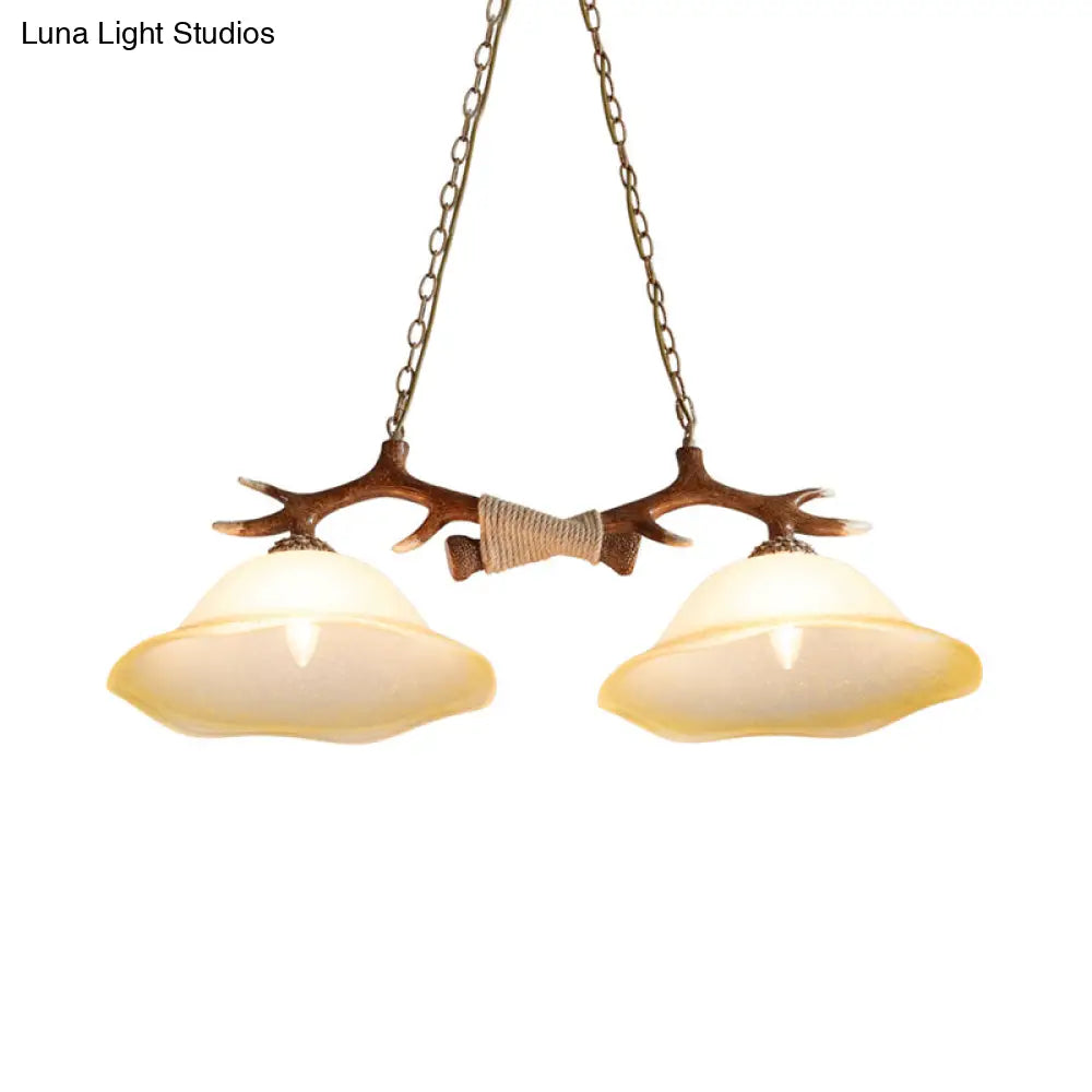 2-Light Traditional Bell Glass Island Pendant In Brown Perfect For Bedrooms