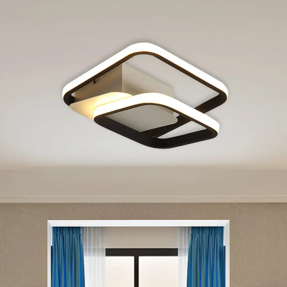 2-Square Frame Led Flushmount Ceiling Light In Modern Black And White/Warm For Hallways / Warm