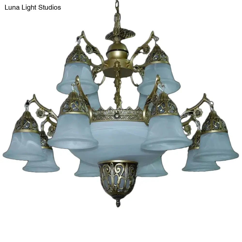 2-Tier Bell Yellow Glass Chandelier - 15 Head Dining Room Pendant In Brass