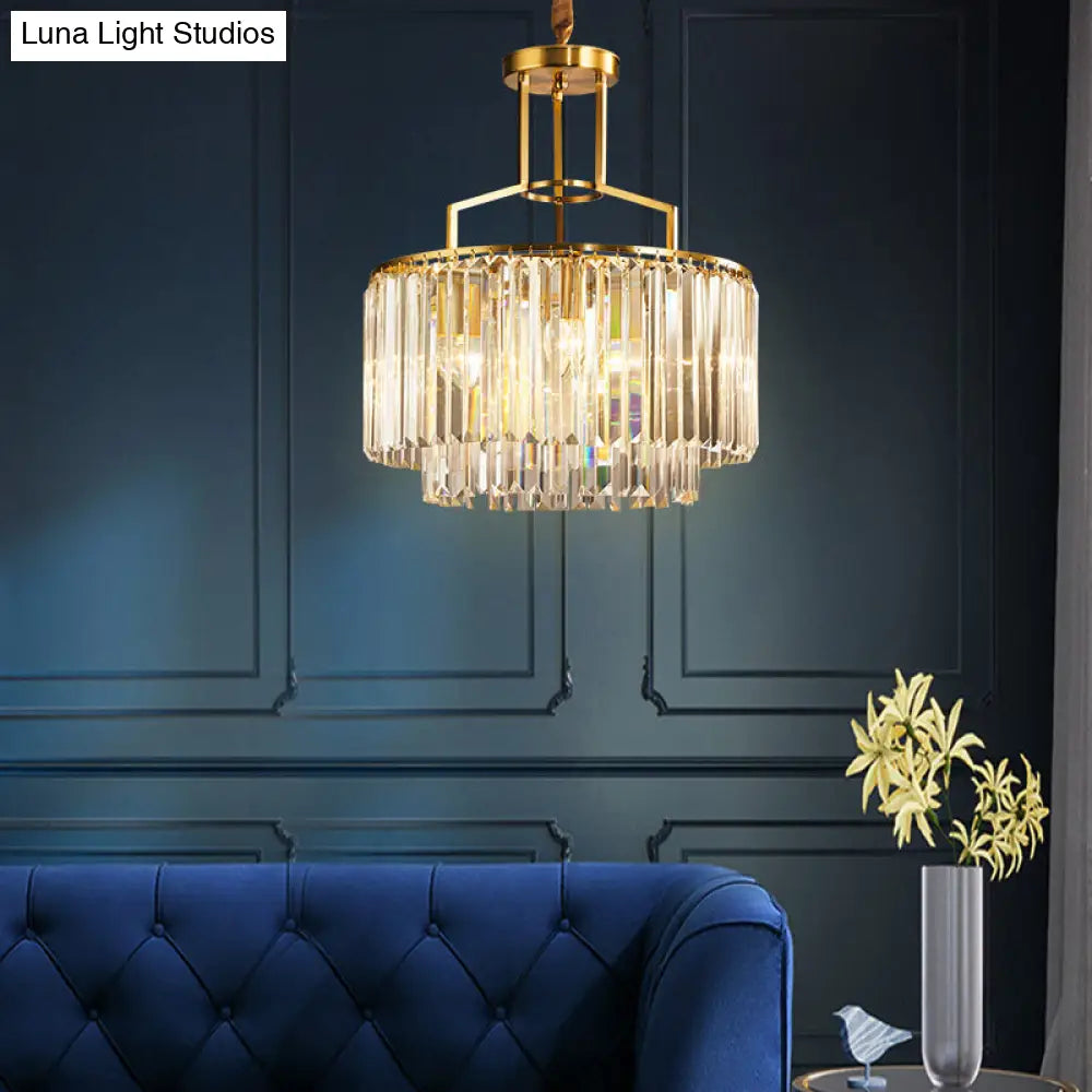 2-Tier Clear Crystal Prism Pendant Chandelier In Modern Gold Design - 3/5/8 Lights