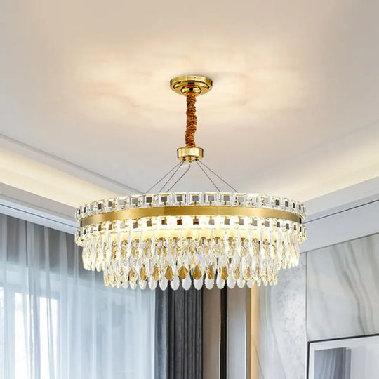 2-Tier Crystal Led Chandelier Modern Living Room Pendant Light In Gold 18’/23.5’ Width / 18’