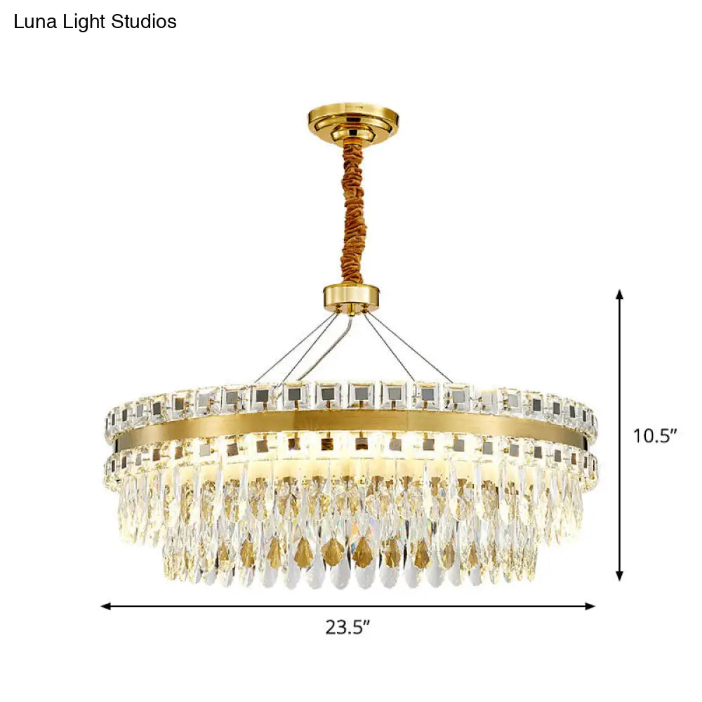 2-Tier Crystal Led Chandelier Modern Living Room Pendant Light In Gold 18’/23.5’ Width