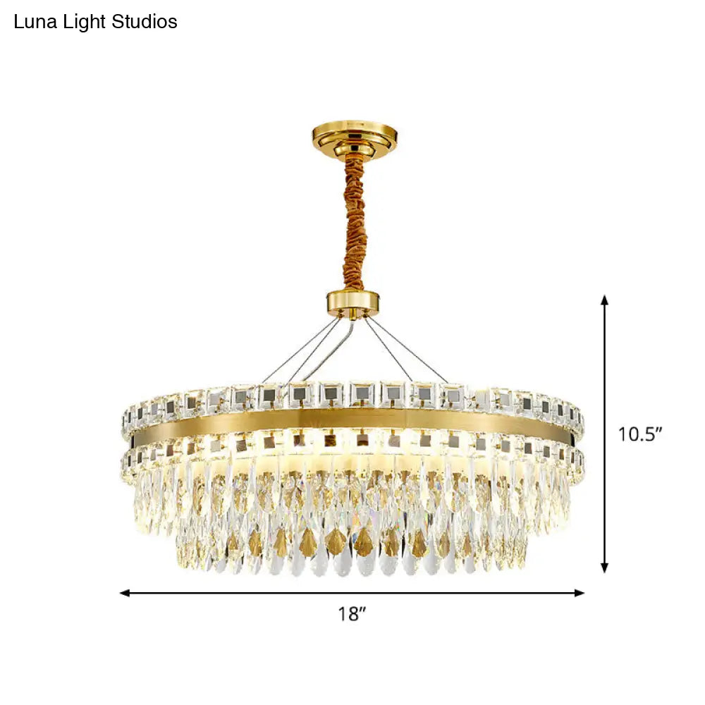 2-Tier Crystal Led Chandelier Modern Living Room Pendant Light In Gold 18’/23.5’ Width