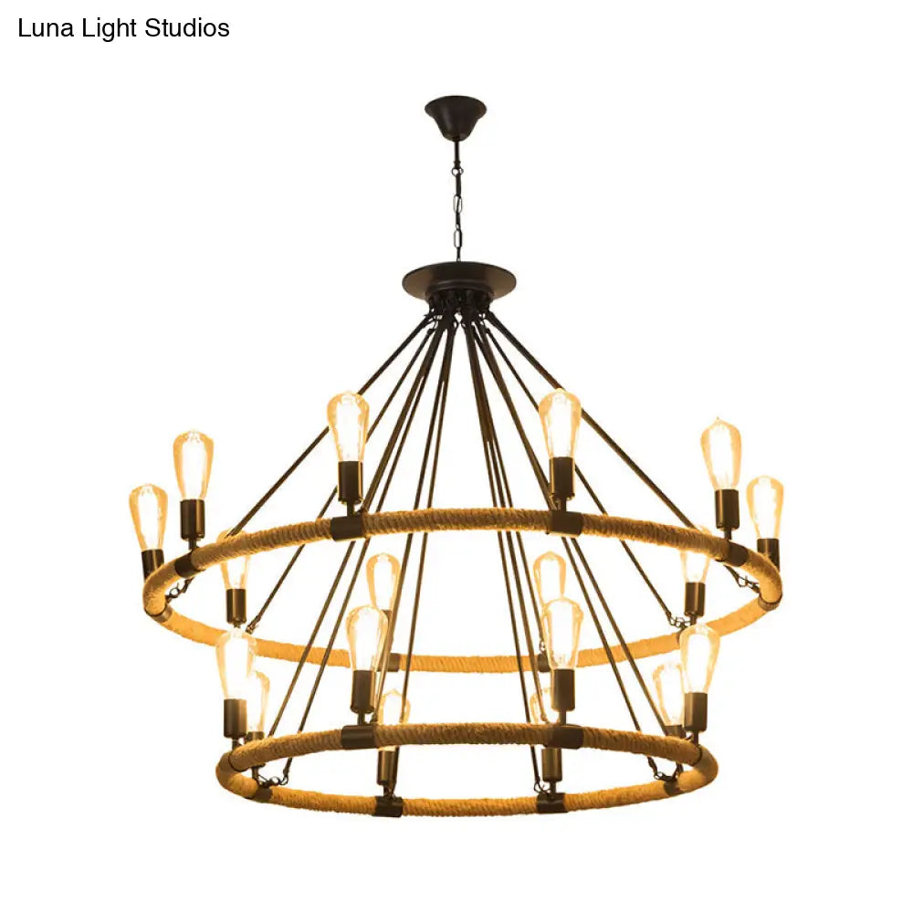 2-Tier Industrial Chandelier With 18 Hanging Lights Beige Rope Pendant Lamp For Restaurants