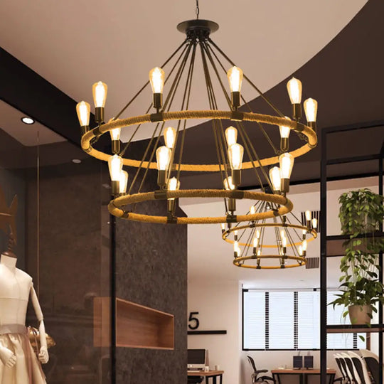 2-Tier Industrial Chandelier With 18 Hanging Lights Beige Rope Pendant Lamp For Restaurants