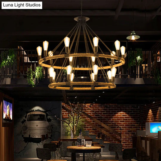 2-Tier Industrial Chandelier With 18 Hanging Lights Beige Rope Pendant Lamp For Restaurants