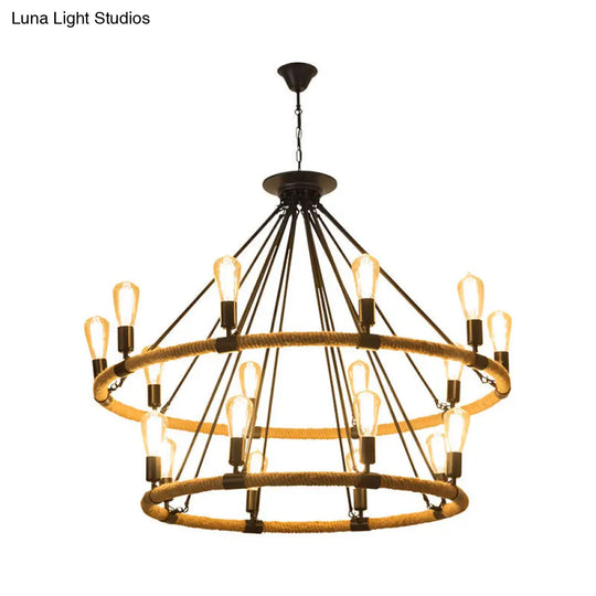 Industrial 2-Tier Beige Chandelier Pendant Lamp With 18 Ring Rope Lights For Restaurants