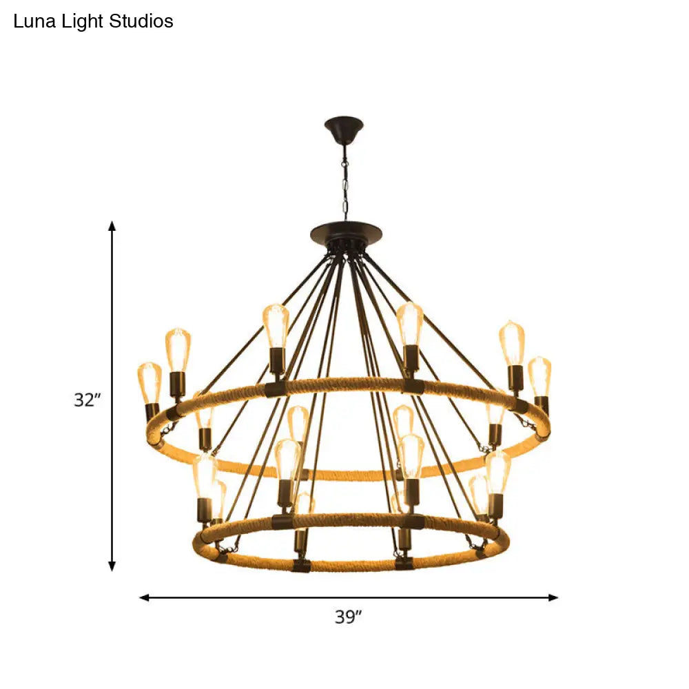 Industrial 2-Tier Beige Chandelier Pendant Lamp With 18 Ring Rope Lights For Restaurants