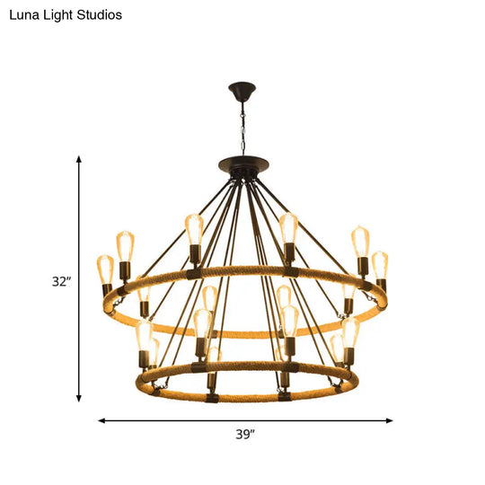 Industrial 2-Tier Beige Chandelier Pendant Lamp With 18 Ring Rope Lights For Restaurants