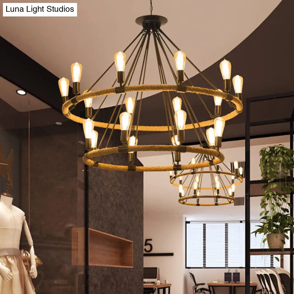 Industrial 2-Tier Beige Chandelier Pendant Lamp With 18 Ring Rope Lights For Restaurants