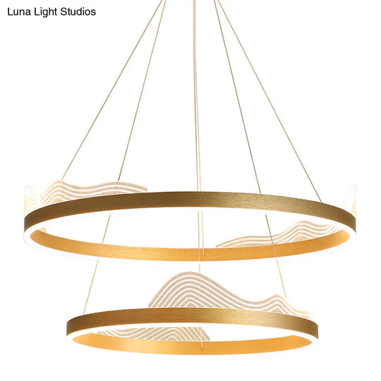 2-Tier Metallic Led Hoop Pendant Chandelier - Modern Bedroom Ceiling Fixture In Gold