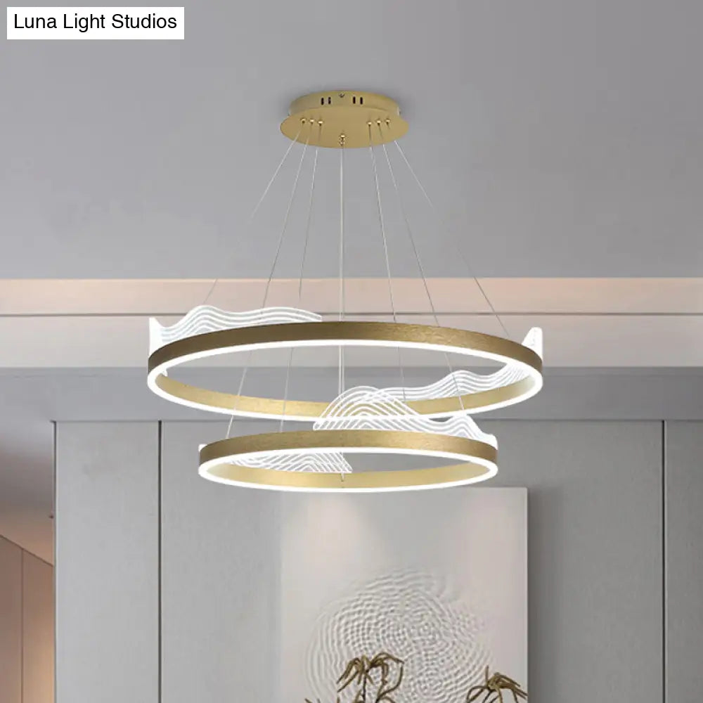 2-Tier Metallic Led Hoop Pendant Chandelier - Modern Bedroom Ceiling Fixture In Gold