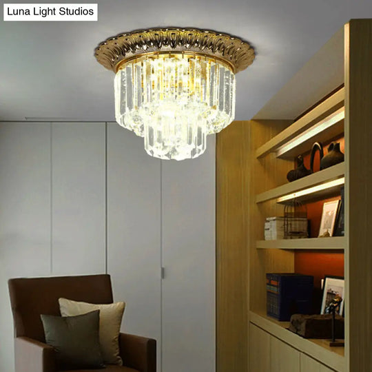 2-Tier Minimalist Crystal Flush Light With Led Golden Indoor Ceiling Lighting 14/16 Diameter Gold /