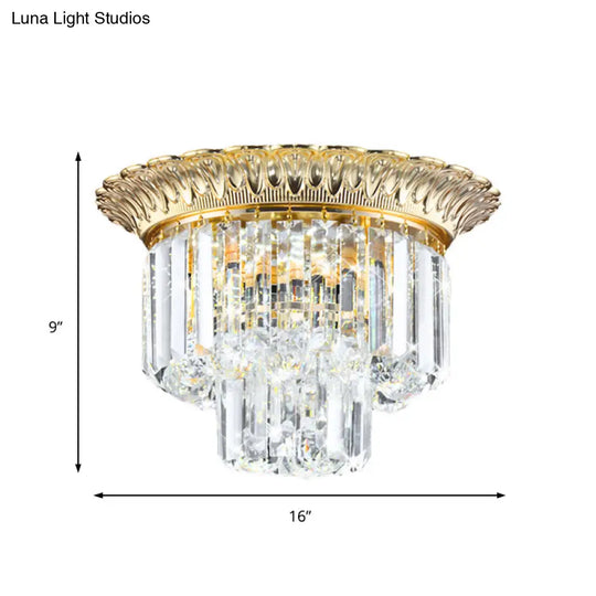 2-Tier Minimalist Crystal Flush Light With Led Golden Indoor Ceiling Lighting 14’/16’ Diameter