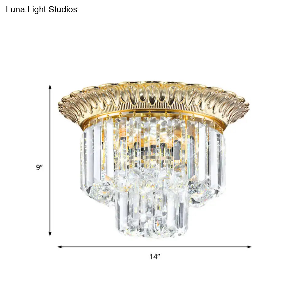 2-Tier Minimalist Crystal Flush Light With Led Golden Indoor Ceiling Lighting 14/16 Diameter