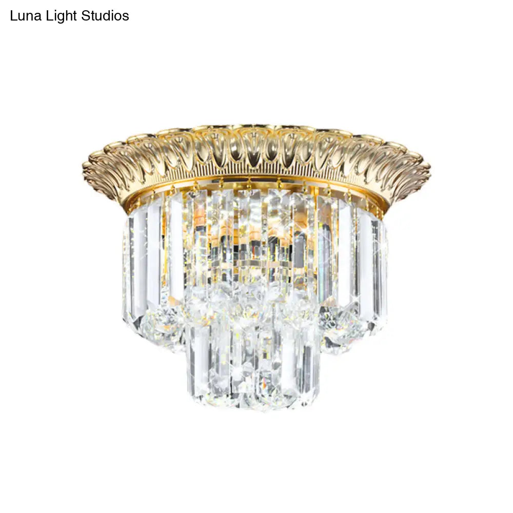 2-Tier Minimalist Crystal Flush Light With Led Golden Indoor Ceiling Lighting 14’/16’ Diameter