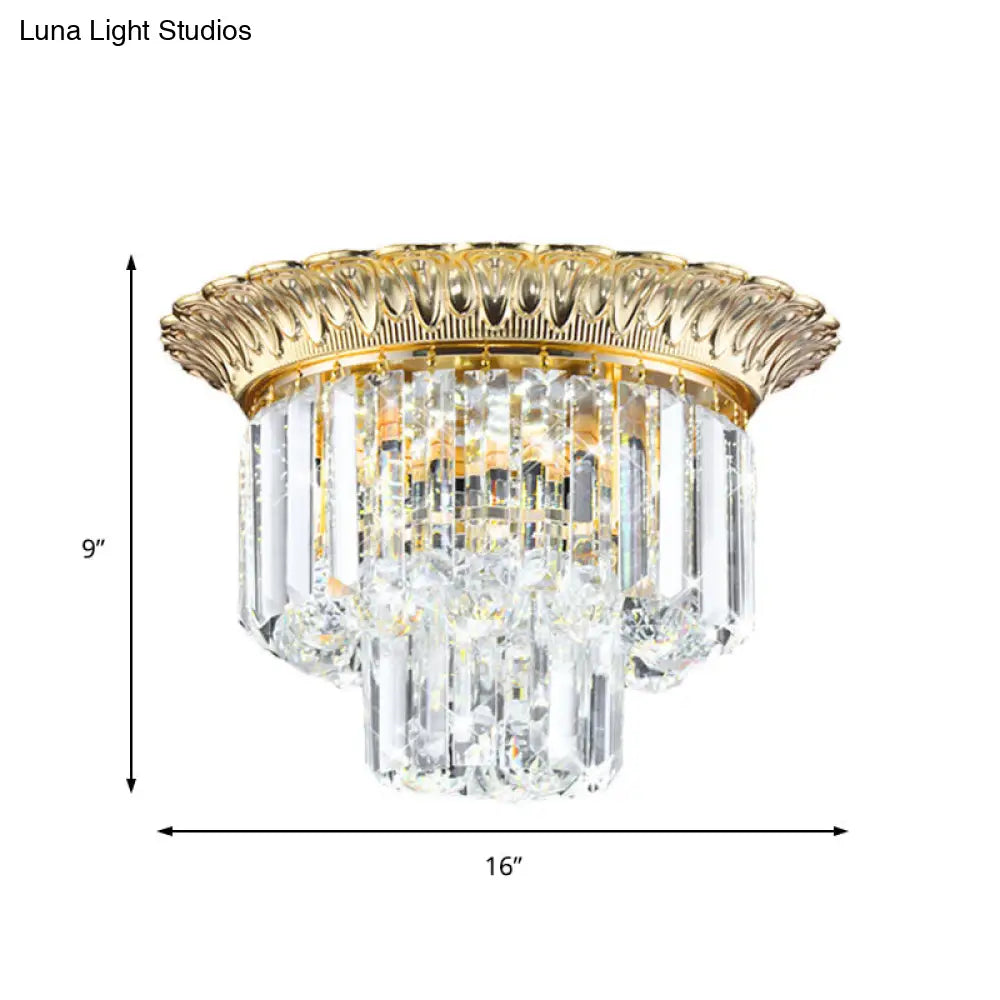 2-Tier Minimalist Crystal Flush Light With Led Golden Indoor Ceiling Lighting 14/16 Diameter